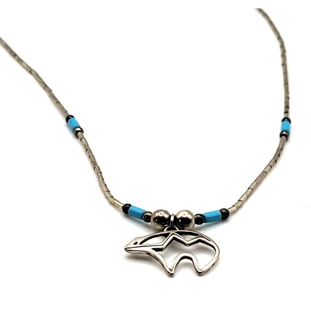 Native American Sterling Liquid Silver Turquoise Bead Bear Pendant Necklace 16in